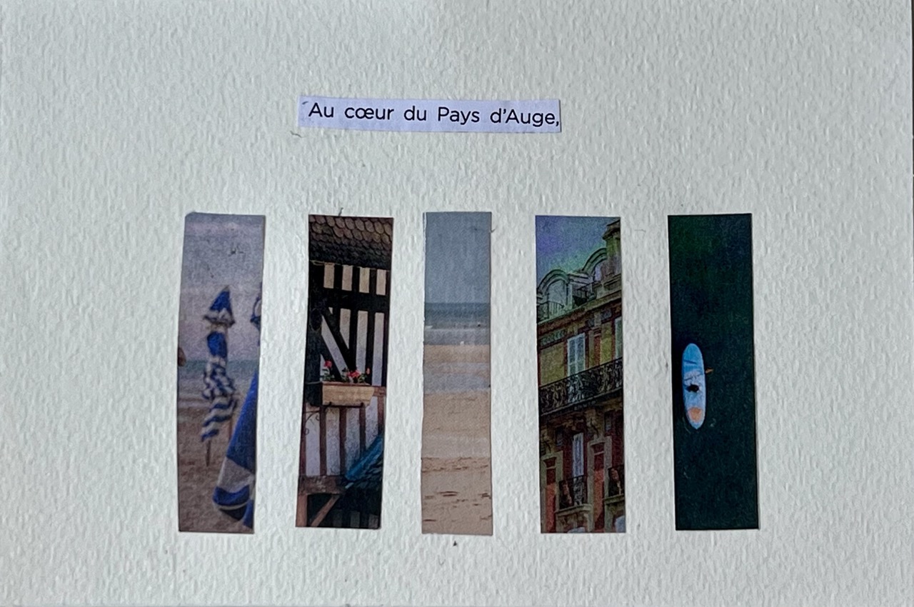 Carte postale collage « Au cœur du Pays d'Auge », cinq bandes de photos : parasol de plage, balcon à colombages, plage, immeuble et paddle