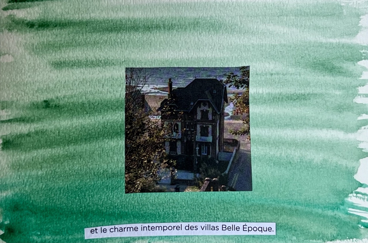 Carte postale collage d'une villa Belle Époque en bord de mer, légende « et le charme intemporel des villas Belle Époque »