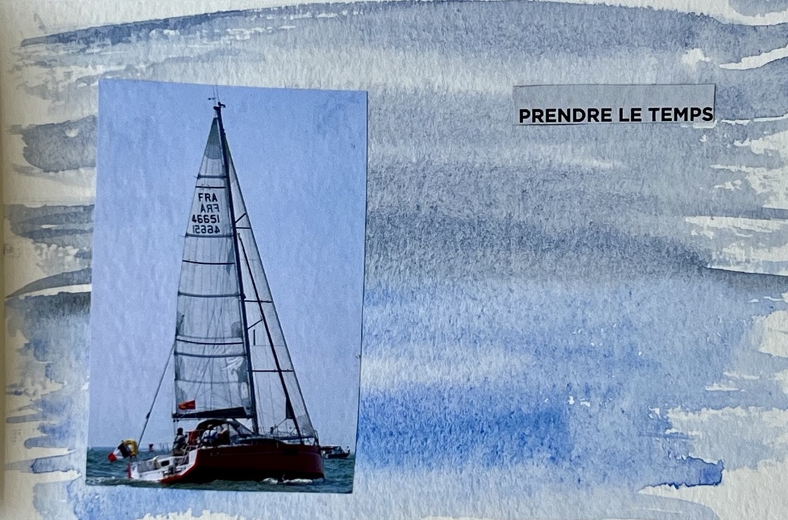 Carte postale collage aquarelle d'un voilier, légende « Prendre le temps »