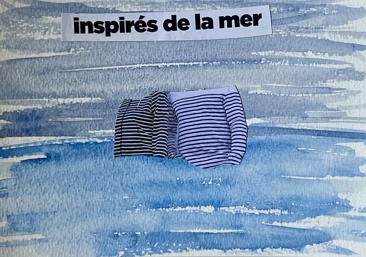 Carte postale collage de marinières pliées, légende « Inspirés de la mer »