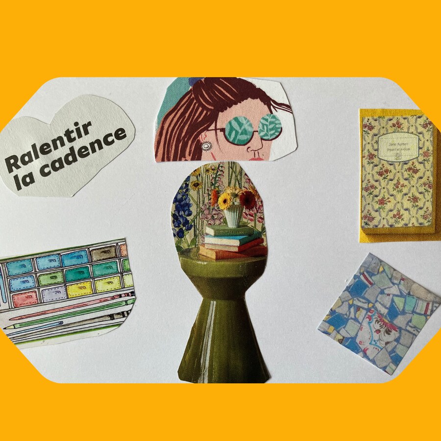 Collage intitulé « Cultiver sa curiosité », avec une bibliothèque et une enfant
