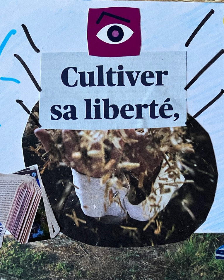 Collage sur le thème de la lecture et de la liberté, intitulé « Cultiver sa liberté », avec un livre et une paire de pieds dans l'herbe