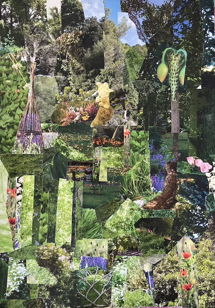 Collage végétal fait de bandes de photos de forêt, fleurs et écorce, sur le thème du bain de forêt